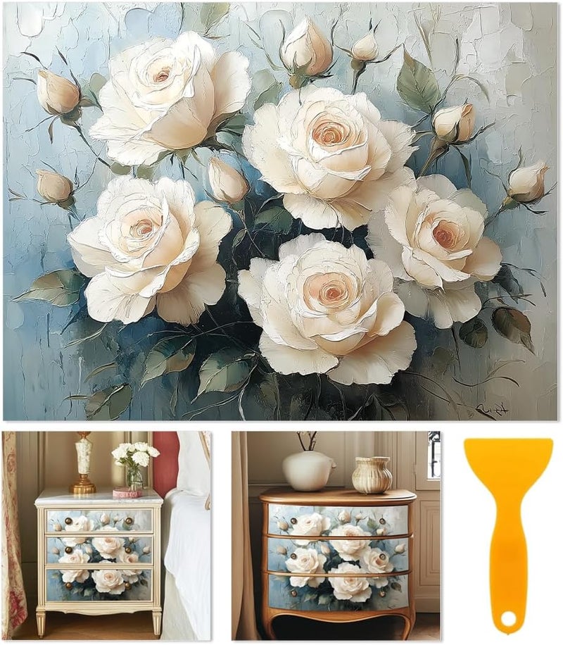 BEUNITONE 6 Sheets Large White Roses Rub on Transfers for Furniture Vintage Floral Rub on Transfer Sticker for Furniture Decor Iod Transfers Stickers Crafts for Wood Glass Decals Waterproof 6"x12" - Image 1